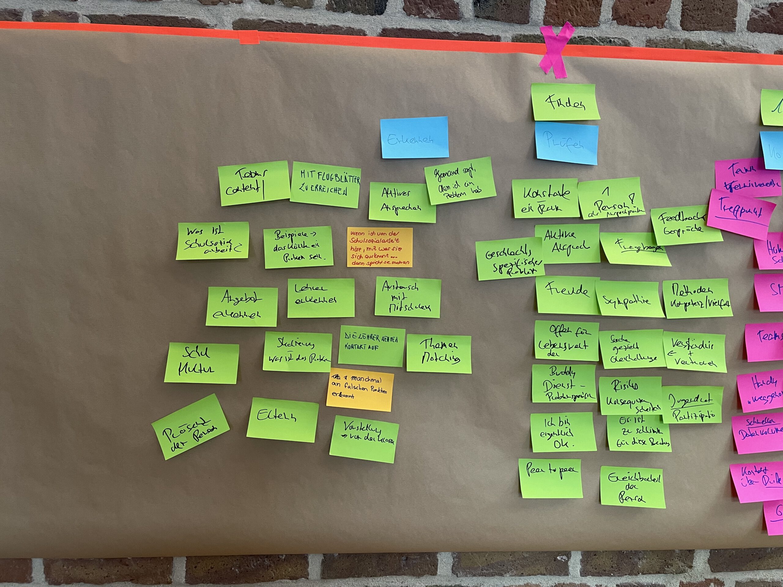 Co-creation workshop: a wall full of sticky notes with barriers and ideas