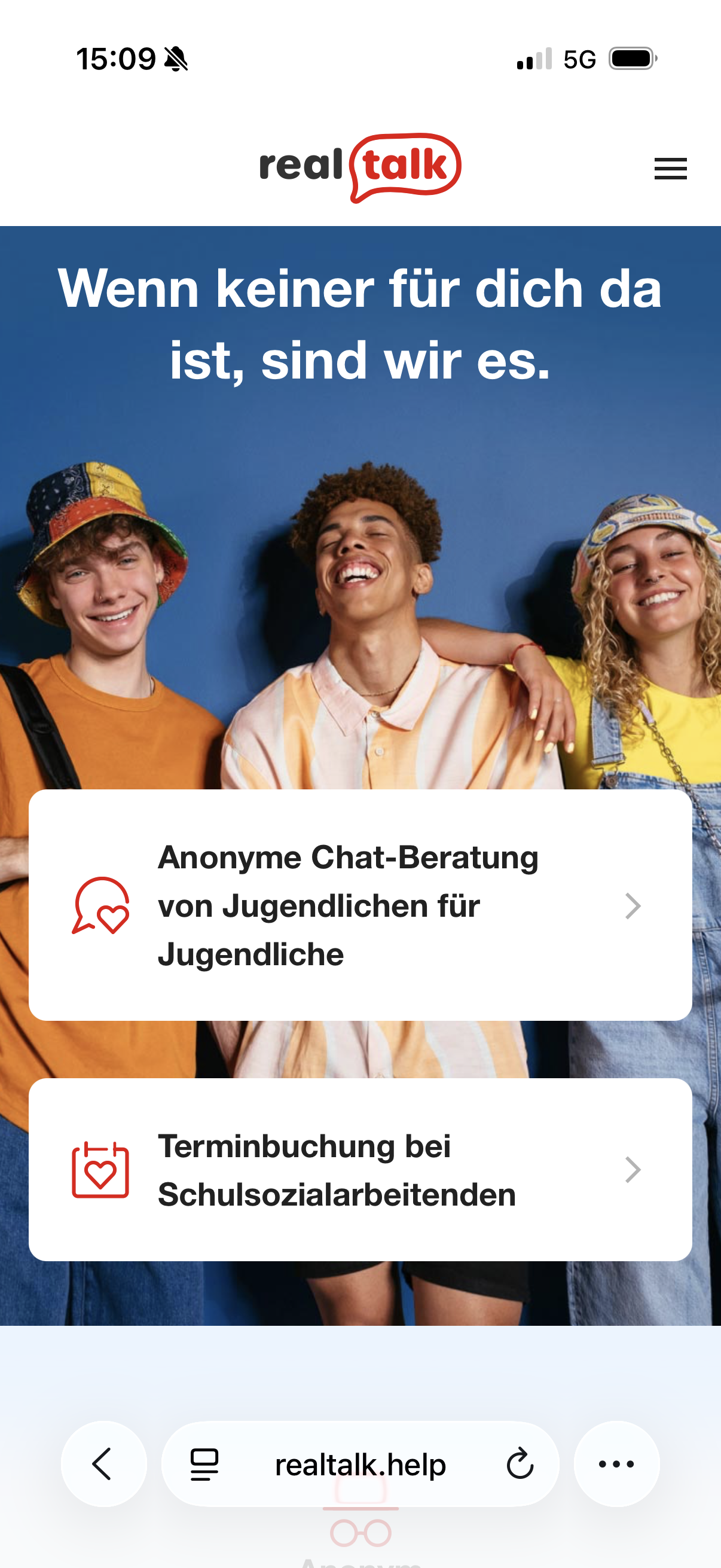 real talk — landing page: anonymous chat and appointment booking