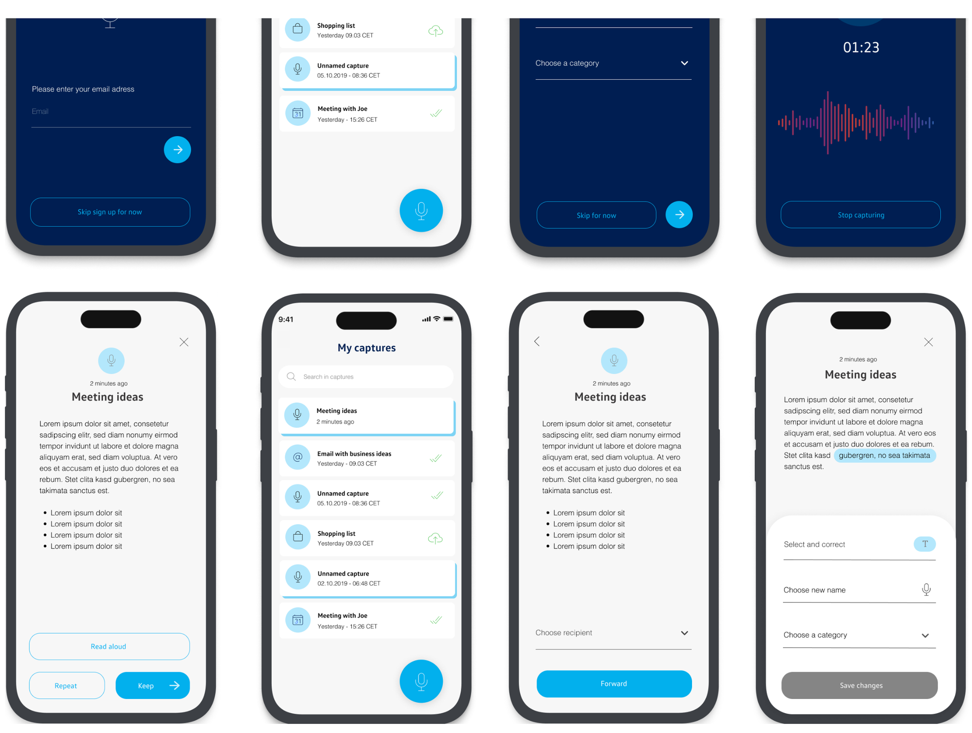 Eight app screens: sign-up, capture list, category selection, live recording with waveform, transcript with read-aloud, search, forwarding and correction
