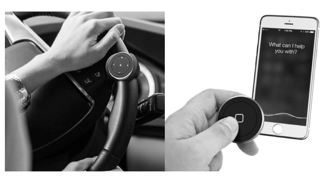 Hands on a steering wheel operating a Bluetooth button, next to a phone showing the voice assistant