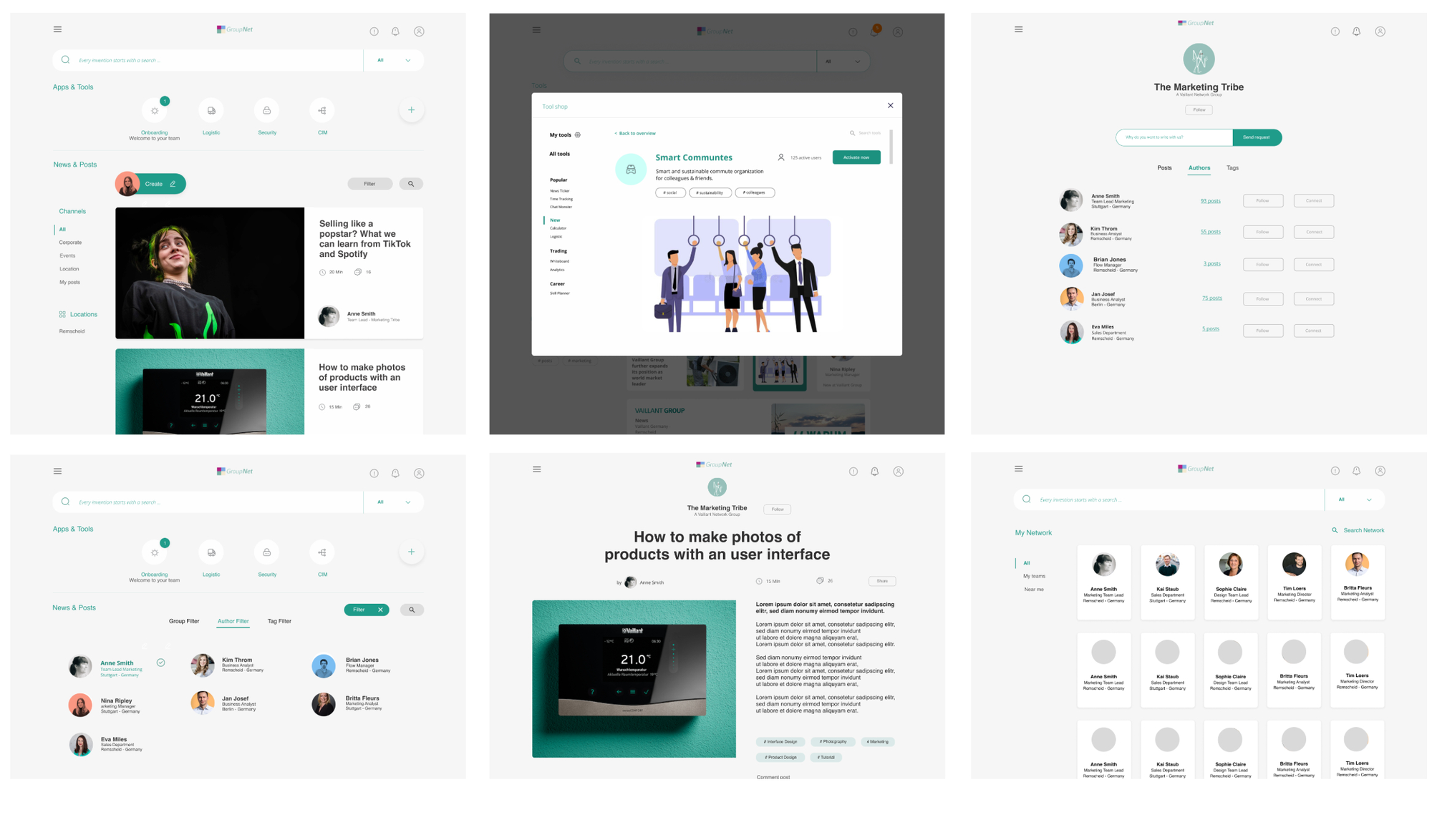 Six keyscreens of the social intranet prototype in Vaillant brand design