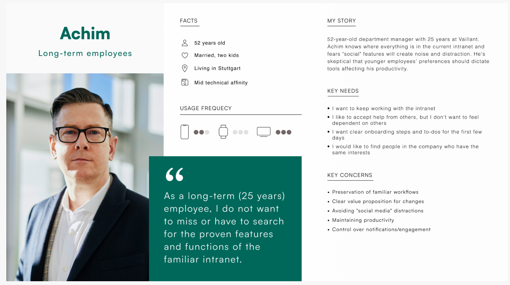 Persona sheet for Achim: facts, usage frequency, story, key needs and key concerns