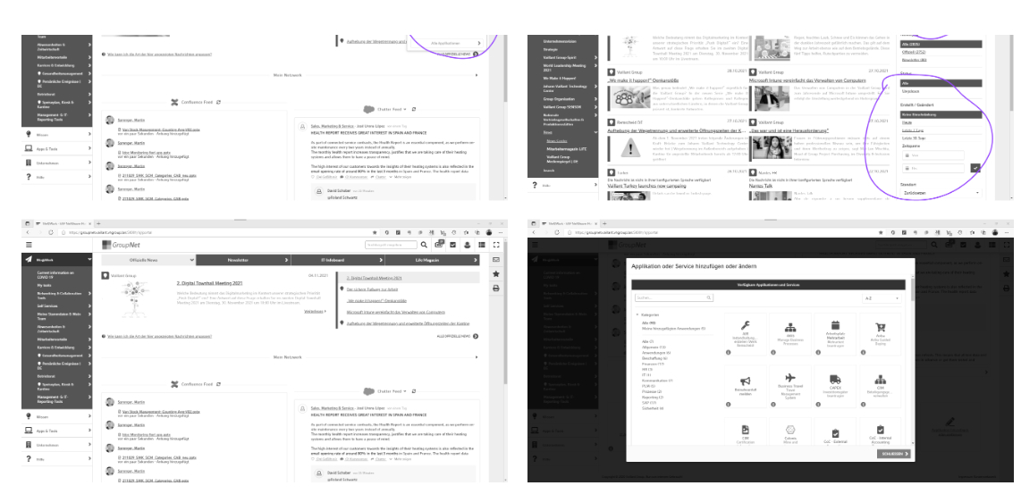 Annotated screenshots of the existing Vaillant intranet with navigation and content structure marked up